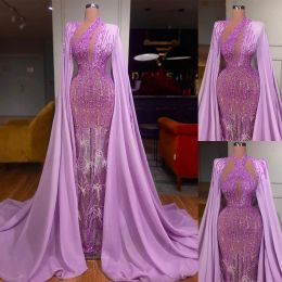 2023 Lavender Evening Dresses With Cape Mermaid Illusion Sparkly Sequins Feather Custom Made Formal Ocn Wear Arabic Prom Gown Vestidos 401 401