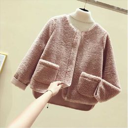 Women's Jackets 2023 Solid Colour Round Neck Lamb Cashmere Autumn And Winter Short Loose Zipper Fur One Long-sleeved Top