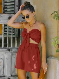 Women's Jumpsuits & Rompers Hirigin 2pcs Boho Outfits Tie Front Shirred Back Strapless Slim Fit Crop Bandeau Tube Top Loose Shor