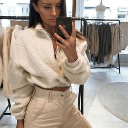 Women's Jackets Womens Jacket Autumn Winter Long Sleeve Zipper High Neck Faux Lambswool Crop Tops 2023 Female Fashion Solid Coat Dropship1