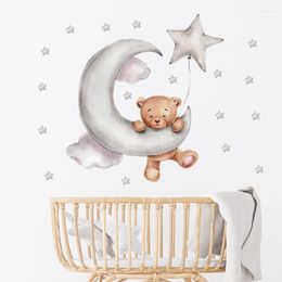 Wall Stickers Lovely Brown Bear Hanging On The Moon Playing Games Star Air Balloon Nursery Decals For Kids Room Home Decor