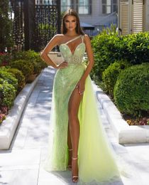 A-line Stylish Prom V Neck Sleeveless One Shoulder 3D Lace Appliques Sequins Beaded Floor Length Side Slit Celebrity Evening Dresses Plus Size Custom Made