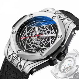 Wristwatches 2023 Fashion Men's Automatic Mechanical Watch Leather Strap Male Silver Wristwatch Abstract Rotating Ladder Dial Creative Desig