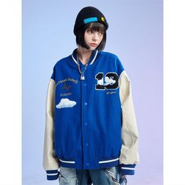 Women's Jackets Bomber Jacket Women Baseball Uniform Brand Stitched PU White Cloud Printed Autumn Coat Harajuku Streetwear Vintage Clothing