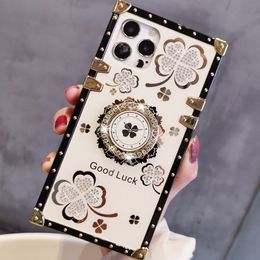 Square Box Clear Four Leaf Flower Diamond Cases Bling Soft TPU Trunk Metal Decoration Corner With Bracket Ring Stand For iPhone 14 13 12 11 Pro XR XS Max X 8 7 Plus