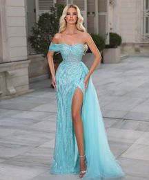 Stylish Blue Mermaid Prom Dresses V Neck Sleeveless 3D Lace One Shoulder Appliques Shiny Sequins Beaded Floor Length Side Slit Evening Dresses Plus Size Custom Made