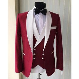 Men's Suits & Blazers Latest Jacket Pant Design Custom One-button Red Groom Dress Slim Fit Suit 3 Pieces Pants Vest Bowtie