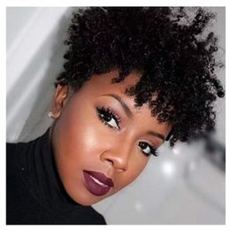 Kurze Pixie-Locken-Echthaar-Damenperücken, Afro-Kinki-Curly-Jerry-Curl für schwarze Damen, voll maschinengefertigte natürliche Farbe, leimlose Echthaarperücken