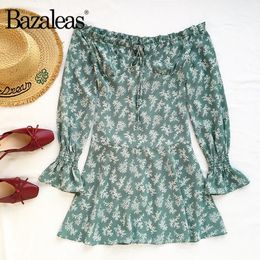 Casual Dresses Bazaleas Fashion Flare Long Sleeve Women Dress Cotton Centre Bow Off Shoulder Vintage Green Floral Print