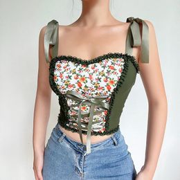 Women's Tanks & Camis Floral Print Tank Top Women Fairy Grunge Aesthetic Lace Up Patchwork Green Corset Tops Vintage Ruffles Trim Crop Vest