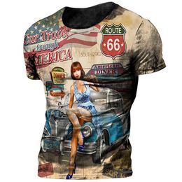 T-Shirts Hemden Vintage 66 Route T-Shirt 3D-gedrucktes Biker Motor Übergroßes T-Shirt Route Racing Kurzarm Camiseta