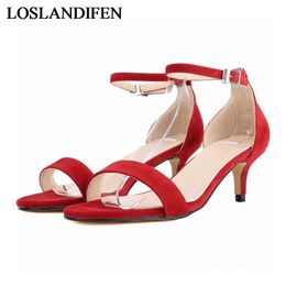 Dress Shoes 2023 Flock High Heels Sandals Women Ankle Strap Summer Woman Open Toe Red Black NLK-A0033