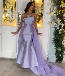 Classic Long Lilac Satin Beaded Evening Dresses Mermaid Pleated Sweep Train Prom Gowns