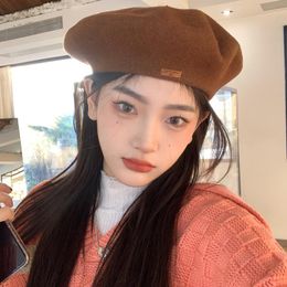 Berets Japanese Retro Elegant Women Beret Winter Hat Letter Patch Octagonal Wild English Suede Warm Pumpkin Painter Gorra