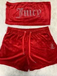 Juicy Women's Two Piece Pants Juicy Apple Velvet Sexy with Drill Fashion Tube Crop Top Casual Drawstring Shorts Set Loose Tracksuit Juciy Track Suit 866