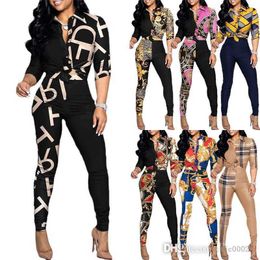 2023 Womens Sexy Two Piece Pants Outfits Designer Lady Chic Fashion Printed Suit Fall And Spring Shirts Blouse Top Matching Sets