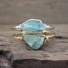 Bangle Natural Green Fluorite Open Cuff Bangles Gold/Silvery Copper Wire Wrap Raw Quartz Beads Fashion Women Bracelets Jewelry QC2024