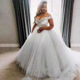 Plus Size African ASO EBI Ballkleid Brautkleider Schulterfrei Spitze Kristall Peals Kurze Ärmel Tüll Brautkleider Robe De Marriage