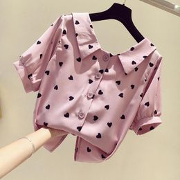 Women's Blouses & Shirts Doll Collar Chiffon Shirt Women Short-Sleeve Summer Korean Loose Polka Dot Green White Top Blusas