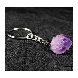 Key Rings Natural Stone Keychains Sier Color Healing Amethyst Crystal Car Decor Keyholder For Women Yummyshop Drop Delivery Jewelry Dhyvt