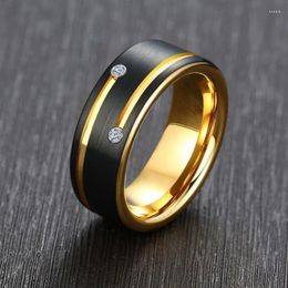 Wedding Rings Mens Luxury Ring For Men Black Stainless Steel Band With Gold Color Lines CZ Stones Gent Anel