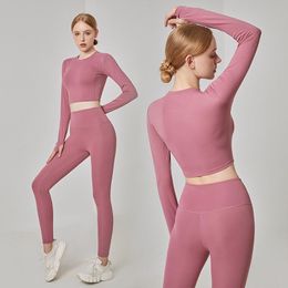 Completi da yoga 2 pezzi Set da donna senza cuciture Allenamento Abbigliamento sportivo Abbigliamento da palestra Fitness Manica lunga Crop Top Leggings a vita alta Tute sportive Fashi