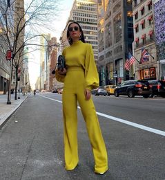 Women's Jumpsuits & Rompers Genuo 2023Women Spring Fashion Elegant Office Lady Workwear Casual Long High Neck Lantern Sleeve Wide Leg Overal