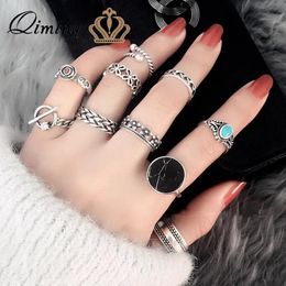 Band Rings Vintage Retro Ring Set Tibetan Black Marble Flower Pearl CZ Crystal Carved Toe Midi Knuckle Women Silver Jewelry