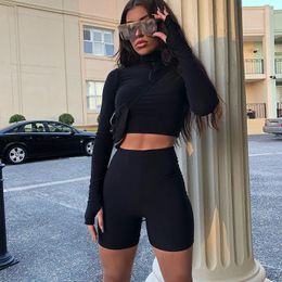 Women's Shorts 2 Pieces Of 2023 Summer And Autumn Women's Long Sleeve Zipper High Neck Elastic Sexy Crop Top Fashion Casual Sports Suit