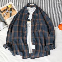 Men's Casual Shirts 2023 Spring And Autumn Men's Shirt Japanese Style MenLong-sleeved High Quality Cotton Linen Check Long-sleeved