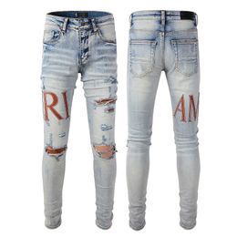 2023 hip-hop high street fashion brand jeans retro torn fold stitching men's designer motorcycle riding slim pants size 28-40.