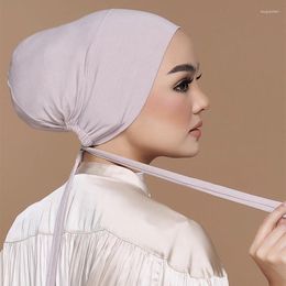 Ethnic Clothing Premium Jersey Inner Hiajbs Cap Stretch Hijab With Rope Solid Color Adjustable Women Underscarf Islamic Turban Headwear