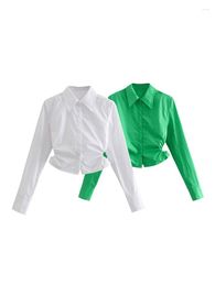 Women's Blouses Shirts For Women 2023 High Street Fashion Waist Side Cut Out Cropped Shirt Long Sleeve Concealed Buttoned Cotton Blend Top