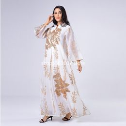 Ethnic Clothing Fashion Embroidery Mesh Abaya Muslim Dress Jalabiya For Women Gold Sequins Loose Robe White Wedding Dresses Morrocco Kaftan