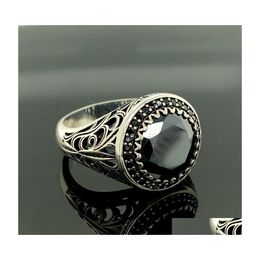 Cluster Rings Sier Black Stone Mens Ring Handmade Inspired By Ottoman Art. Drop Delivery Jewellery Dh8Nv