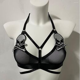 Camisoles & Tanks Women Crop Top Harness Body Cage Hippie Rock Skull Embroidery Patch Bondage Lingerie Adjustable Halloween Horror Clothing