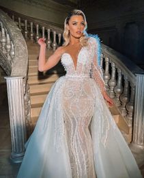 Luxury Mermaid Wedding Dresses One Long Sleeve V Neck Beaded Pearls Sequins Appliques Formal Dresses Detachable Train Bridal Gowns Plus Size Vestido de novia Custom