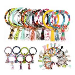 Party Favour Fedex Pu Leather Bracelet Keychain Sunflower Leopard Wristlet Key Ring Tassel Bangle Pendant Drop Delivery Home Garden F Dhhyz