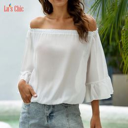 Women's Blouses & Shirts Lu's Chic Long Sleeve Tops Off Shoulder Shirt Chiffon Blouse Ruffle Tunic Ladies Casual Print Loose Fit Falbala