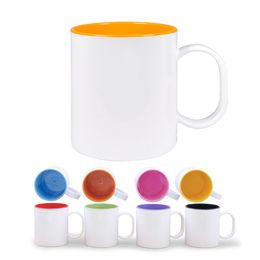 NEW Sublimation white Plastic mug 11oz inner Coloured coffee cup with handle heat safe PBT heat transfer printing mugs DIY LOGO Food Grade BPA Free