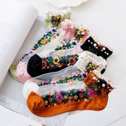 Women Socks Classical Embroidery Flowers Dress Girl's Famale Lace Mesh Sick Lolita Short Fashion Cute Hosiery