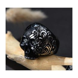 Cluster Rings Unique Gothic Skl For Men Black Sier Color Stainless Steel Cz Stone Ring Heavy Metal Motor Biker Jewelry Drop Delivery Dhjry