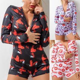 Women's Jumpsuits & Rompers YK2 Sexy Printed Jumpsuit Long Sleeve V-Neck Comfortable Housewear Playsuit Romper Nightwear Onesie For Adults