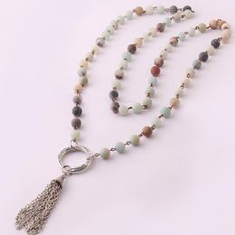 Pendant Necklaces Fashion Frosted Amazonite Stones Rosary Chain Circle Metal Tassel Mala Necklace Handmade Women Jewellery