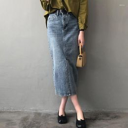 Skirts 2023 Fashion Retro Long Summer Spring Denim Girls High Waist Button Pockets Split Jeans Straight Maxi