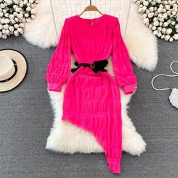 Casual Dresses 2023 Spring Fashion European And American Round Neck Bubble Long Sleeve Waist Lace Up Slim Irregular Dress