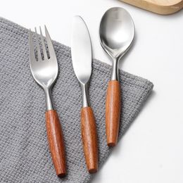 Dinnerware Sets Teak Rosewood Handle Cutlery Fork Spoon Knife Silverware Stainless Steel Tableware Kitchen Western Wedding Supplies