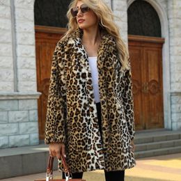 Women's Fur Elegant Women Leopard Print Lapel Faux Fleece Coat Hipster Fuzzy Jacket Fluffy Cardigan Overcoat