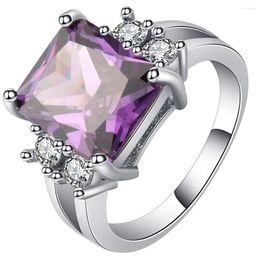 Wedding Rings Trendy Purple Charming Square Crystal Attract Attention Silver Color Ring For Women Gift High Quality Bague
