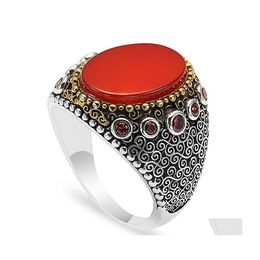 Cluster Rings Vintage Sier Colour Texture Ring For Men Punk Jewellery Gift Red Oval Stone Drop Delivery Dhgiu